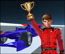 Driver holding trophy